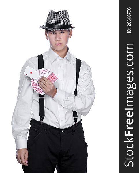 Young man in hat holding cards on a white background. Young man in hat holding cards on a white background