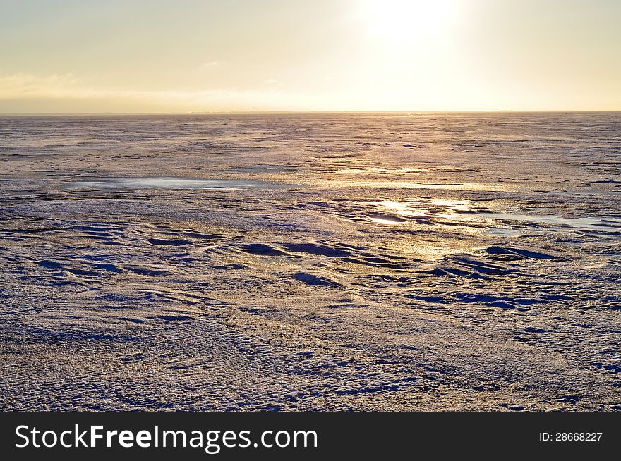 The ice on the lake Pskovskoe. Winter destinations of the island Belov.