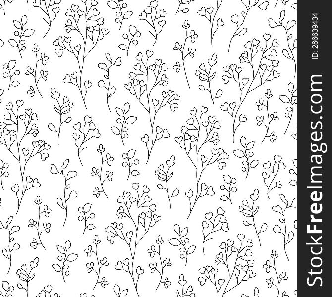 Vector seamless pattern with hand drawn wild flowers. Seamless linear texture with decorative leaves. Endless hand drawn black and white. Template for design of textiles, background, packaging, wrapping paper