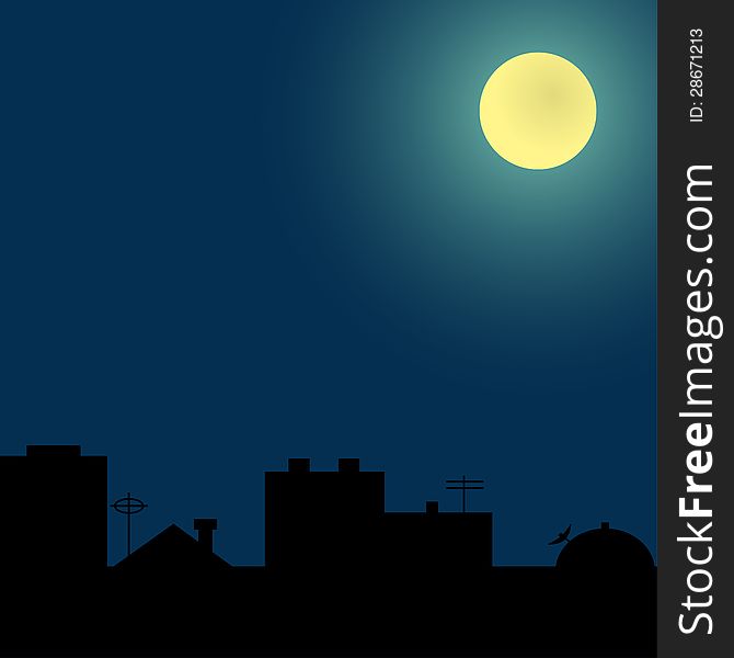 Background with silhouettes of roofs under the full moon