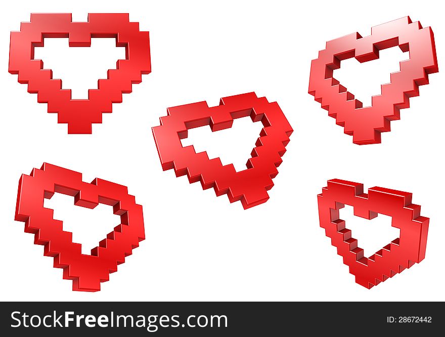 5 Red Hearts in the style of 8 bit pixelated graphics. High Resolution 3D clip art. Glossy with edge highlights. 5 Red Hearts in the style of 8 bit pixelated graphics. High Resolution 3D clip art. Glossy with edge highlights.