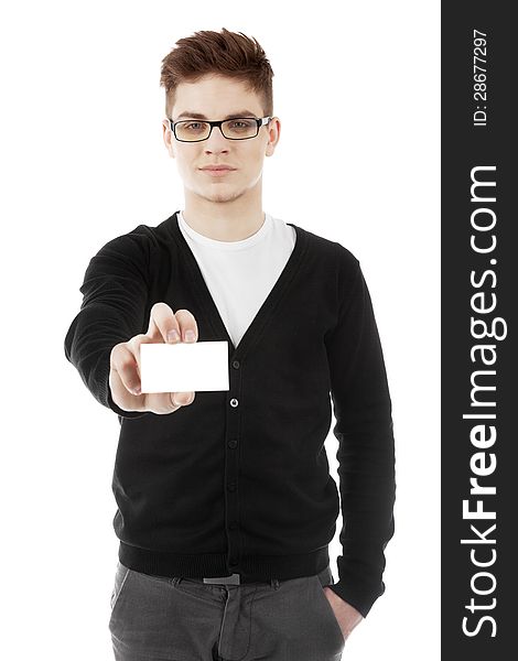 Image of a man showing business card in hand