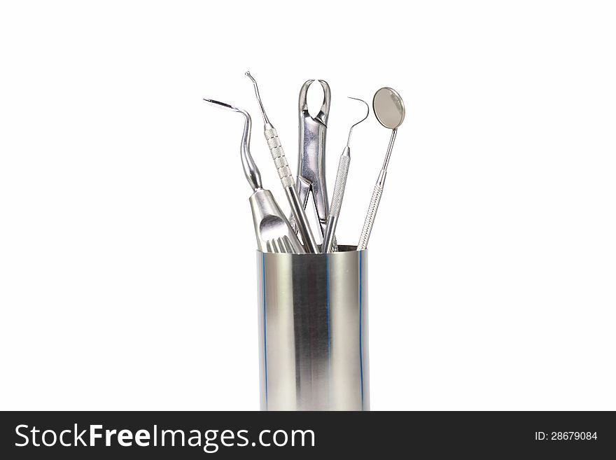 Set of metal medical equipment tools for teeth dental care. Set of metal medical equipment tools for teeth dental care