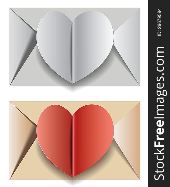 The envelopes with the heart, white and beige-red. The envelopes with the heart, white and beige-red