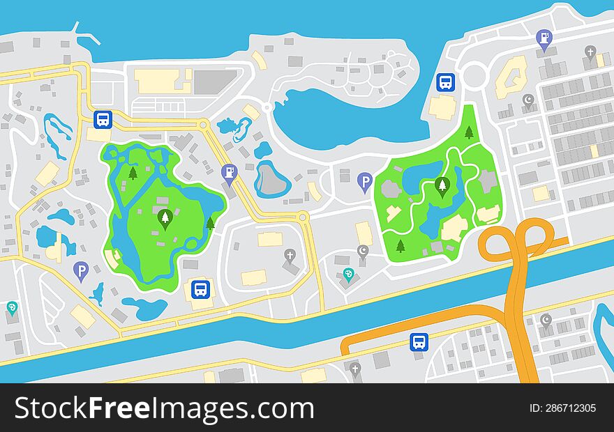 Flat City Navigation Map, Streets Parks and River with Top View, Vector Illustration