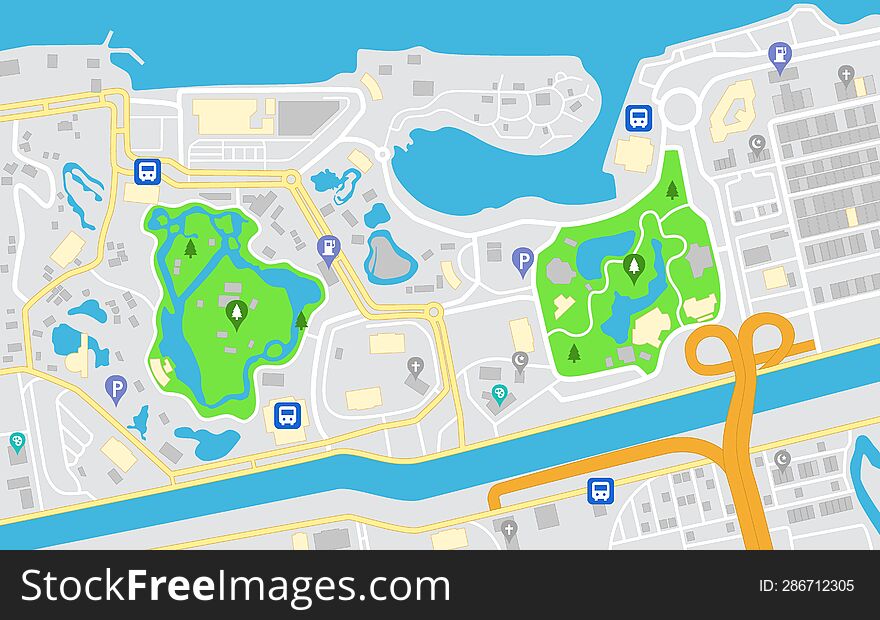 Flat City Navigation Map, Streets Parks And River With Top View, Vector Illustration