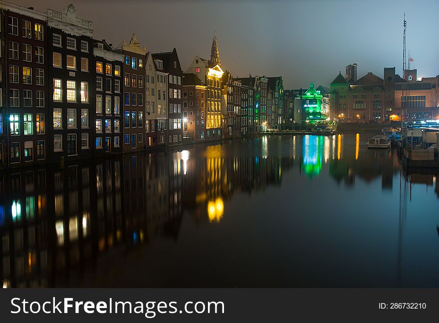 AMSTERDAM,  HOLLAND - OCTOBER 21: Night view of the city of Amsterdam and its canals