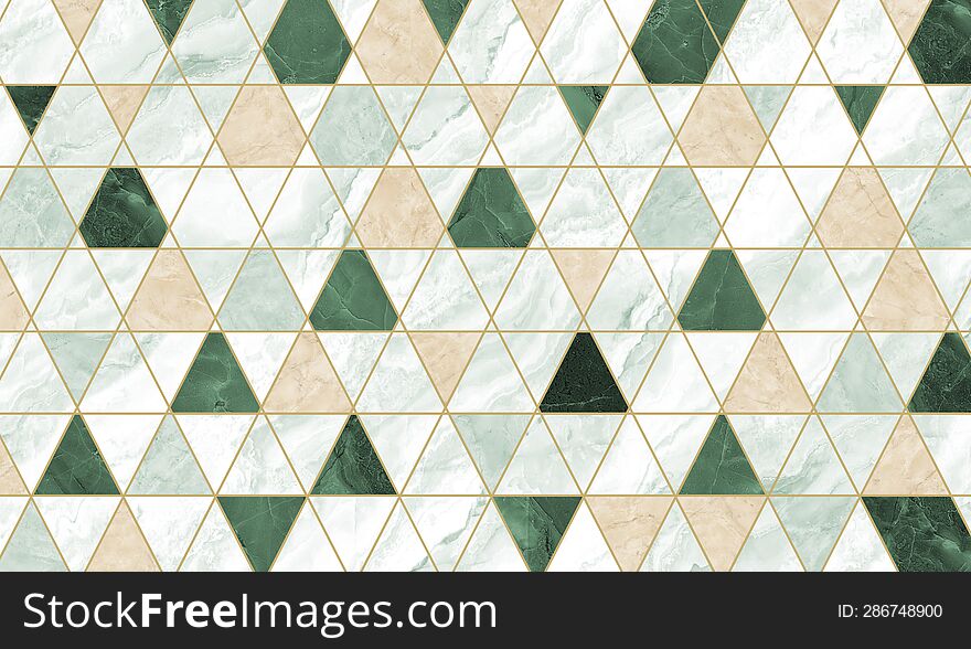 Modern wall decor wallpaper. 3d abstract, beige lines  and green, beige marble triangles shapes.