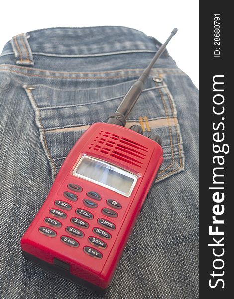 Red radio communication on jean background