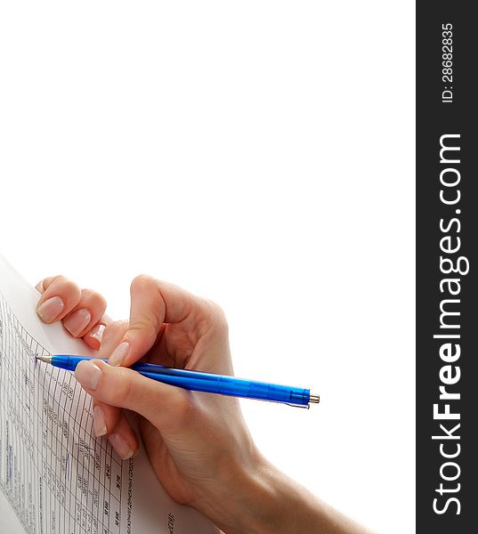 Female Writing Notes in Report closeup on white background