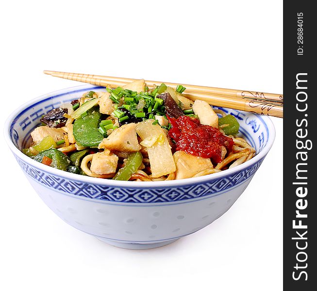 Asian fried noodles with chopsticks isolated. Asian fried noodles with chopsticks isolated