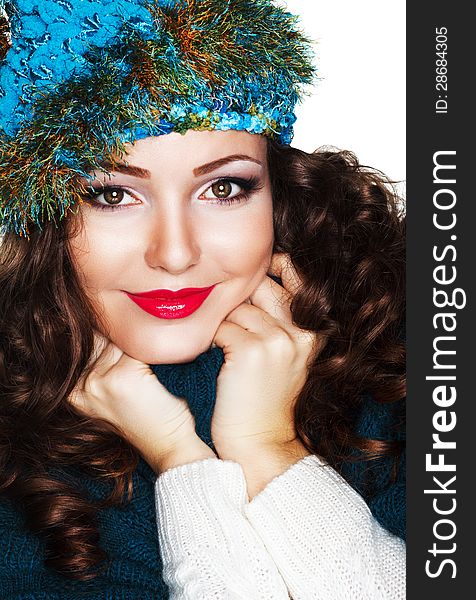 Happy Woman in Blue Knitted Cap and Knitwear - Warm Jersey