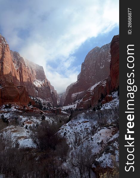 A winter scene of snow and red rocks in Utah. A winter scene of snow and red rocks in Utah.