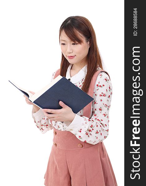 Portrait of young asian woman reading book isolated on white background