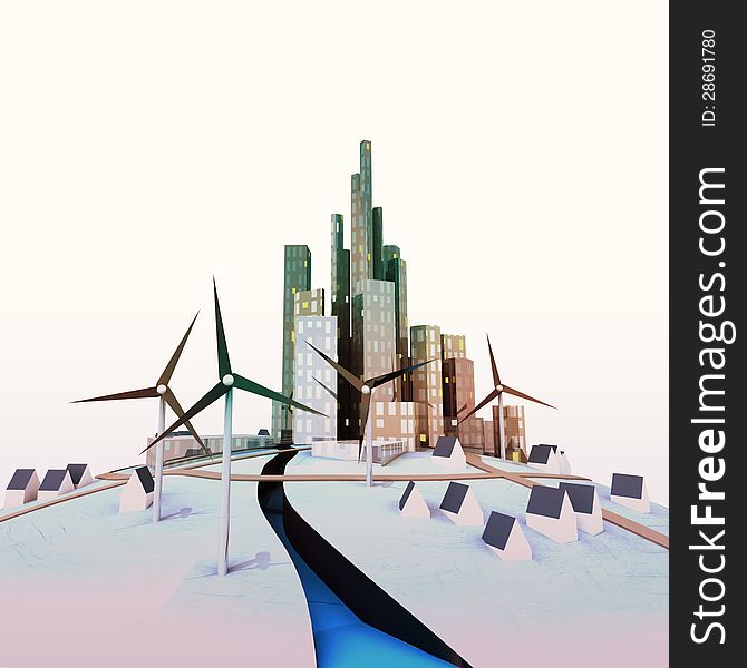Isolated modern cityscape with windmills and river illustration