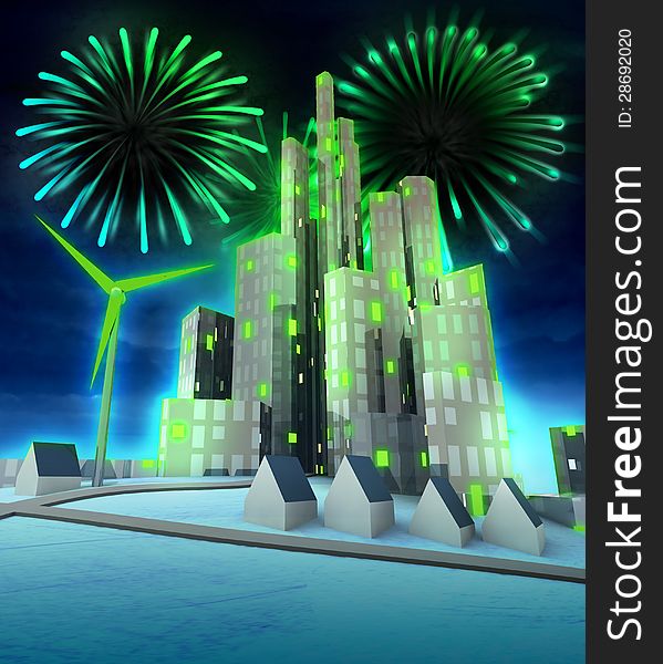 Green energy firework celebration above modern city