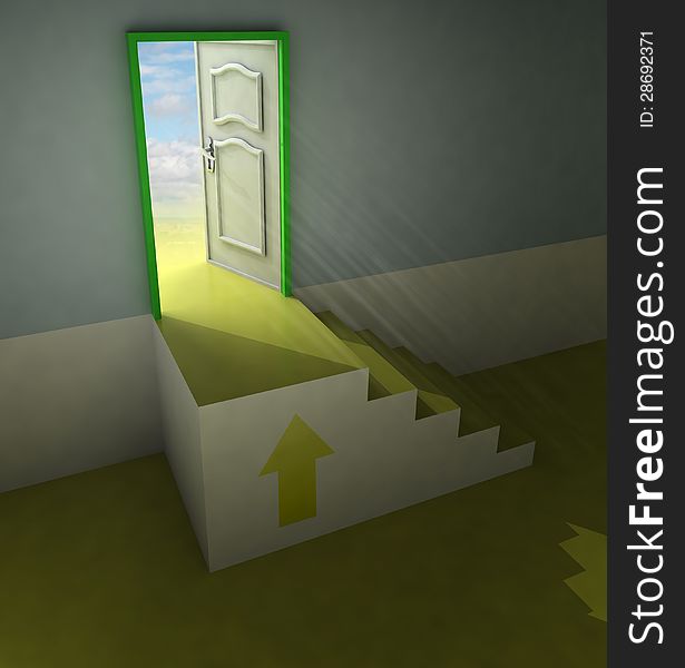 Yellow staircase doorway passage with arrow and flare illustration