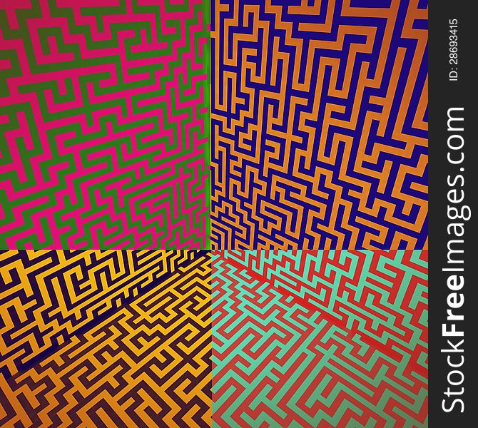 Warm colors shaded three dimensional maze box illustration