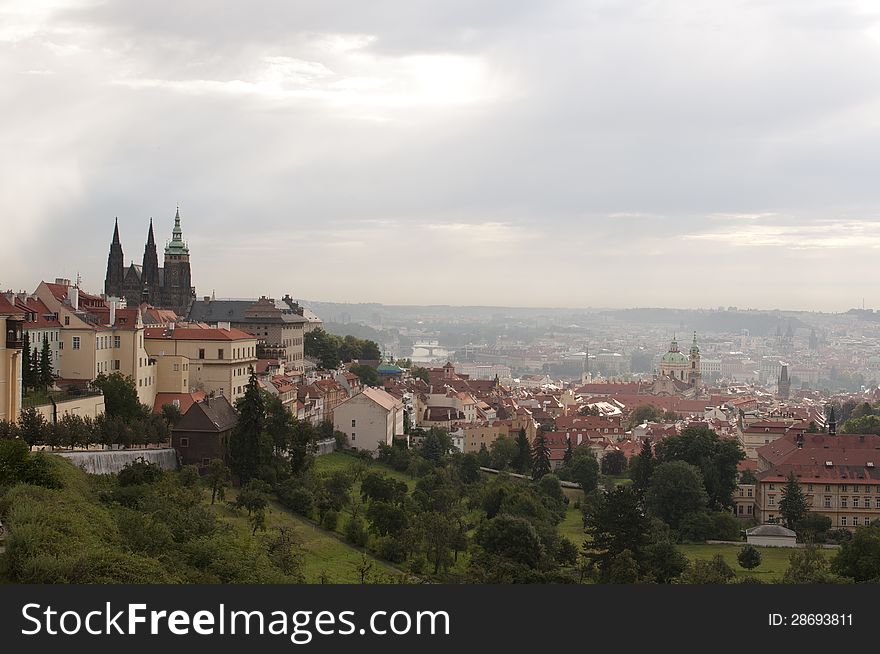 Beautiful high-view of cloudy Prague cityscape. Beautiful high-view of cloudy Prague cityscape