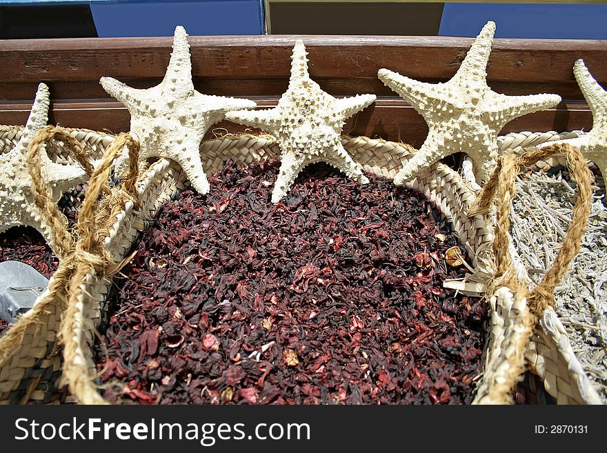 Star fish and herbs at a local market in dahab, red sea region, sinai, egypt. Star fish and herbs at a local market in dahab, red sea region, sinai, egypt