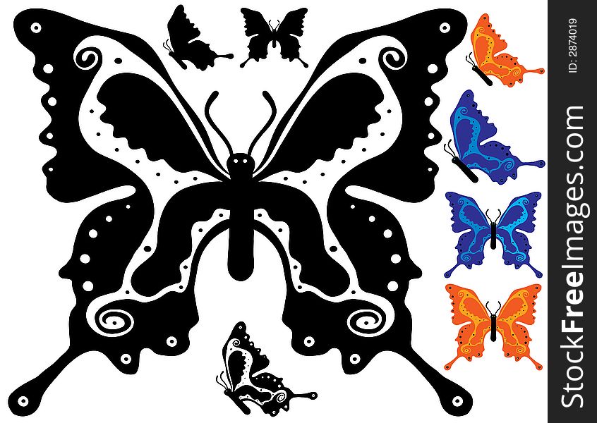 Four sets of two butterflies in different colors. Blue, orange, black or black and white. Four sets of two butterflies in different colors. Blue, orange, black or black and white.