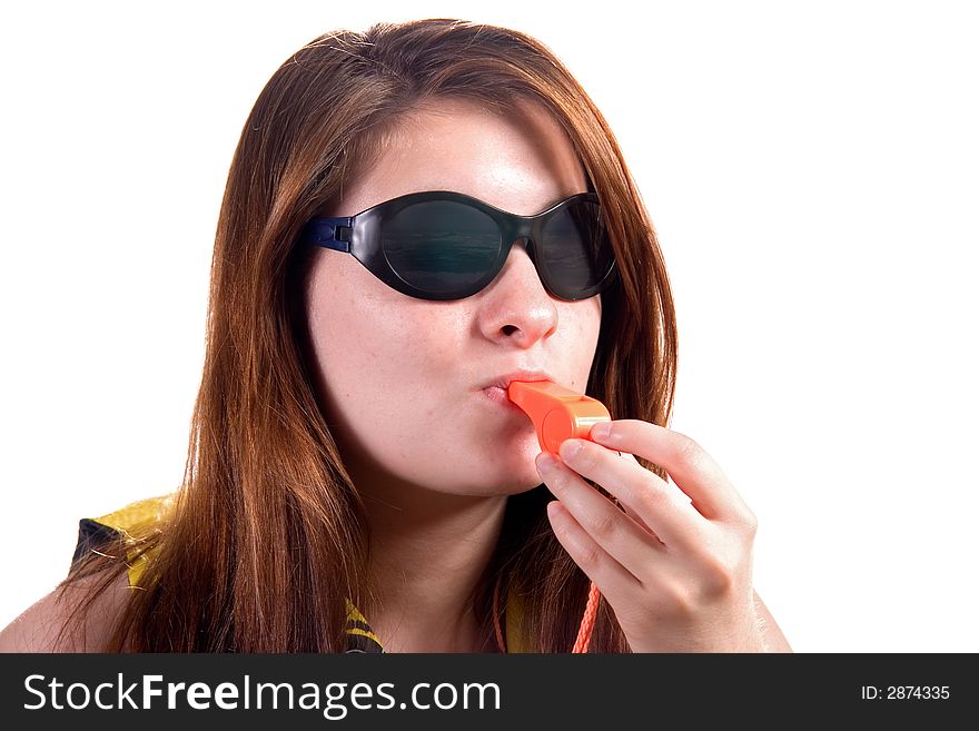 Teen girl with water safety orange whistle wearing sunglasses and life jacket. Teen girl with water safety orange whistle wearing sunglasses and life jacket