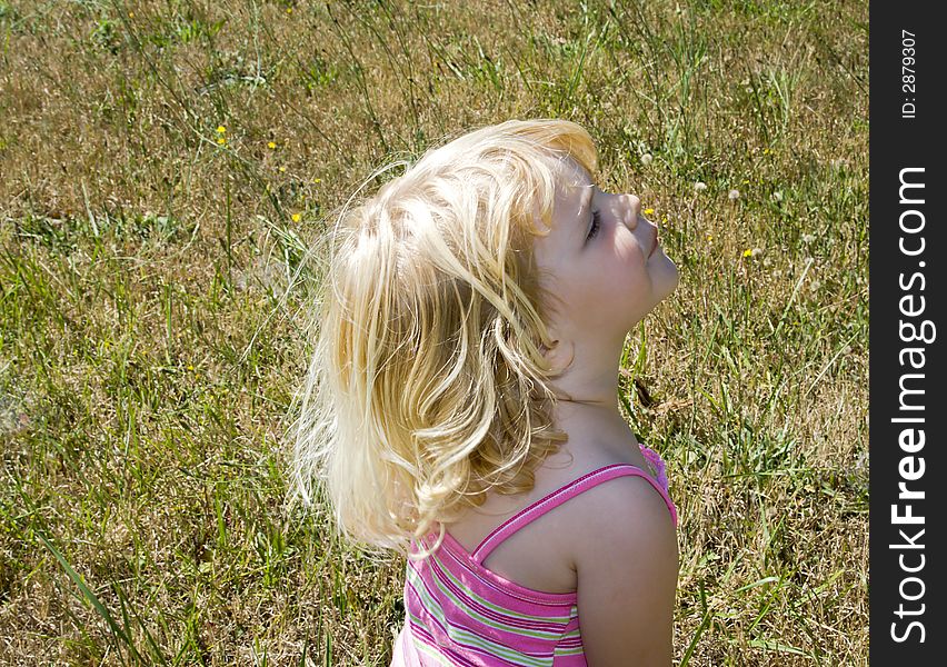Young girl playing in a field on a warm sunny day in July. Young girl playing in a field on a warm sunny day in July.