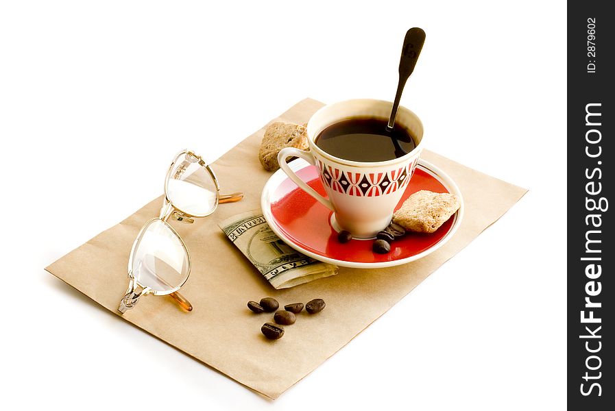 Black coffee, spoon, cookies, glasses and five dollars on white background. Black coffee, spoon, cookies, glasses and five dollars on white background
