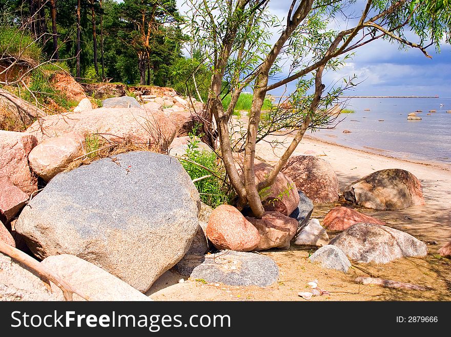 A stony beach on the Baltic sea. Latvia.