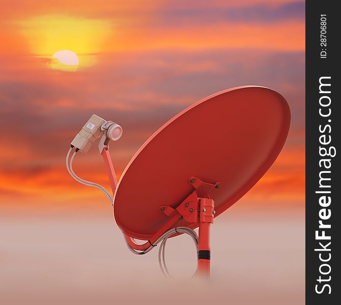 Red satellite dish at sunset and colorful sky