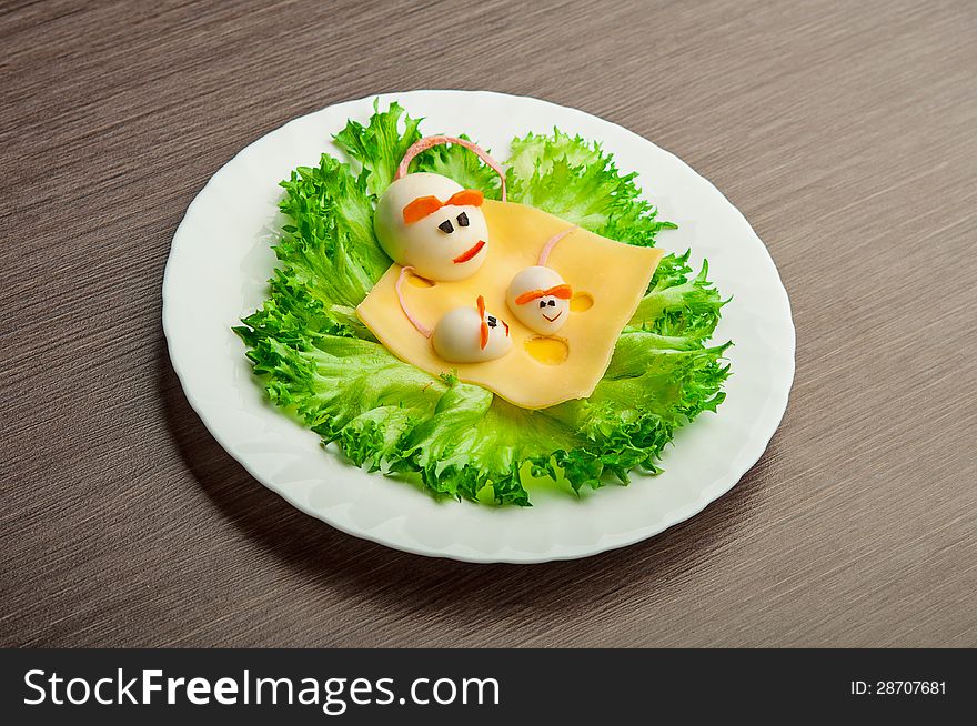Design of food for children. eggs in the shape of a mouse