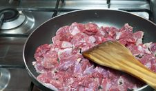 Sliced meat Begins Is Fried In A Pan Royalty Free Stock Photography Sliced meat Begins Is Fried In A Pan Royalty Free Stock Photography