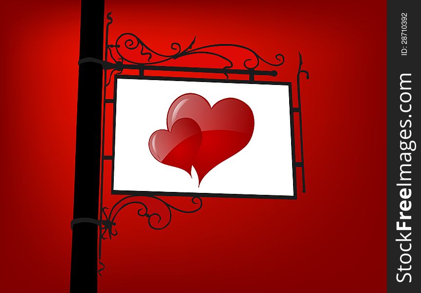 Retro signboard with red hearts, symbol of love. Retro signboard with red hearts, symbol of love