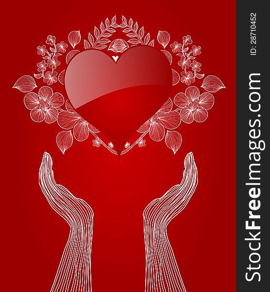 Valentines day card vith human hands caring heart, symbol of love