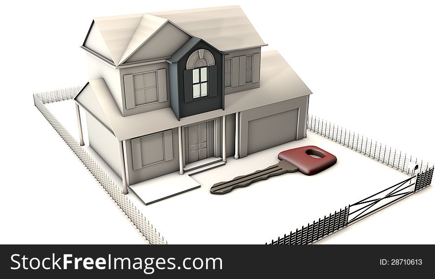 3d house and key and isolated background. 3d house and key and isolated background