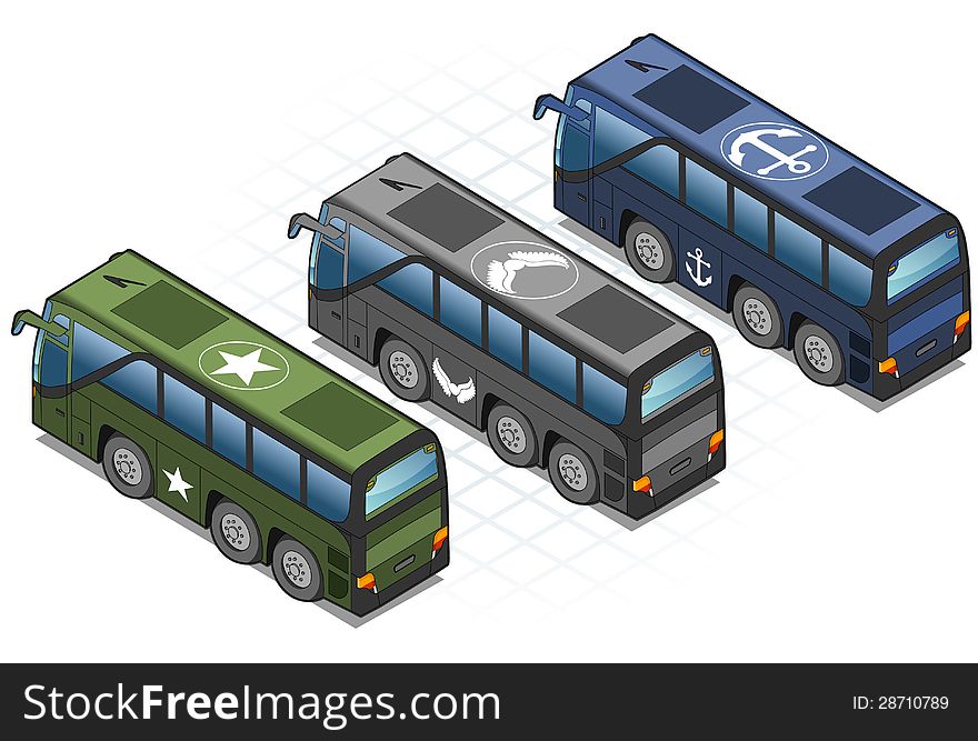 Detailed illustration of aisometric set of military buses