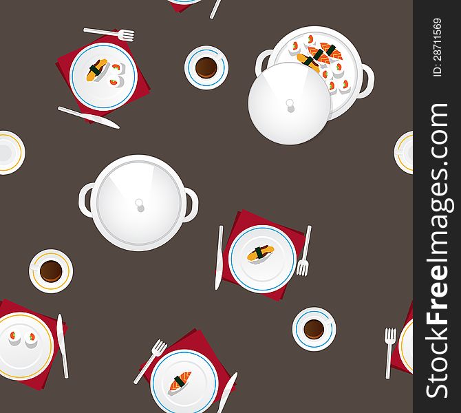 Covered table with cutlery, cup tea and japanese food. Feast. Vector pattern. Covered table with cutlery, cup tea and japanese food. Feast. Vector pattern.