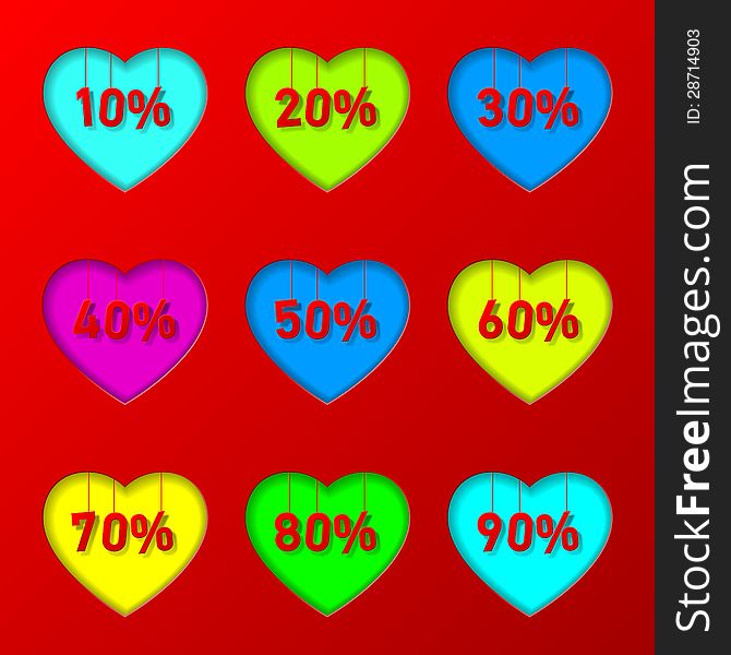Percentages hanging in heart shape holes. Percentages hanging in heart shape holes