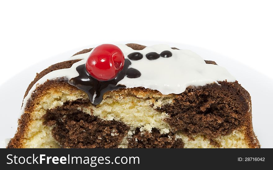 Marble Cake With Cherry Isolated On White