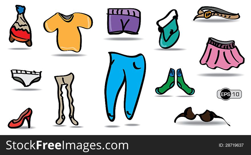 Set of colorful cloths in cartoon style. Set of colorful cloths in cartoon style.