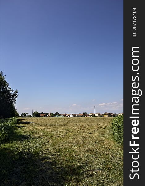 Mowed Field Bordered By Trees With A Group Of Houses In The Italian Countryside In Summer