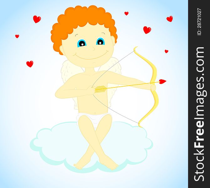 Cupid with a bow and arrow sitting on the cloud