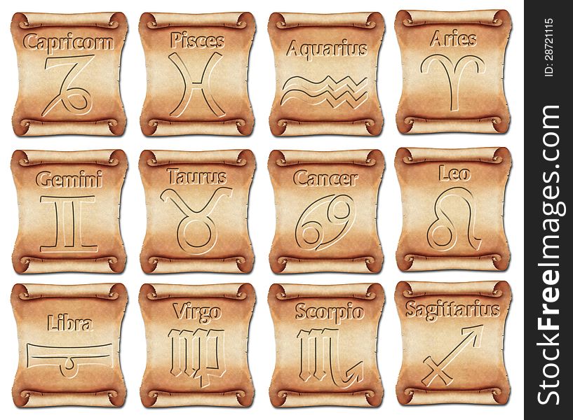 Set of zodiac symbols on textored brown ancient scrolls. Set of zodiac symbols on textored brown ancient scrolls