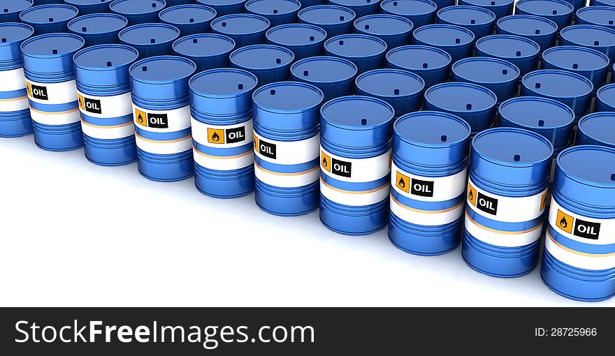 Blue barrels with oil on white background