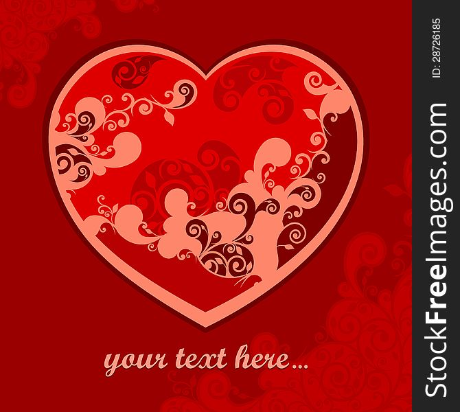 Pattern with floral ornament heart on red & text, Valentine Day vector illustration. Pattern with floral ornament heart on red & text, Valentine Day vector illustration