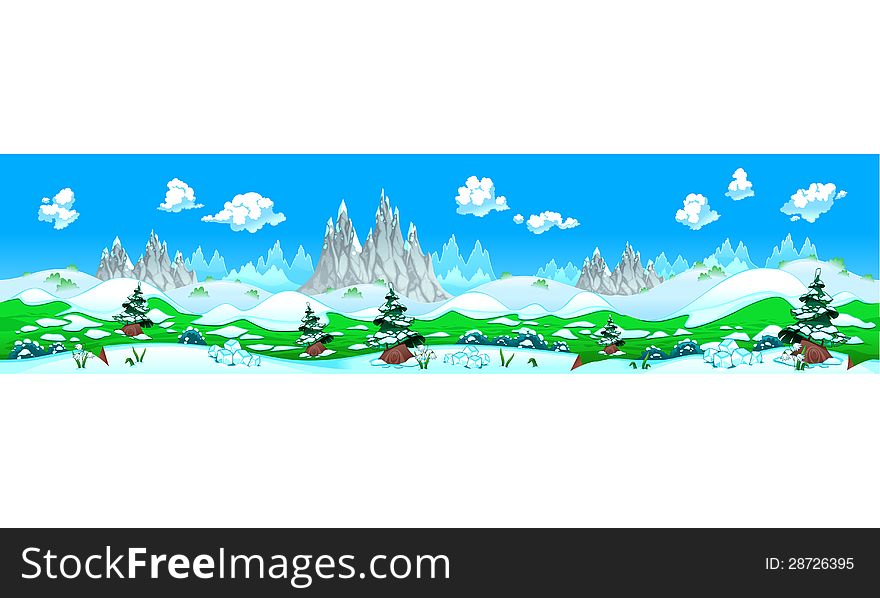 Landscape with snow and mountains. Vector illustration with measures: 6144x1536 pixels, adaptable to iPad screen. The sides repeat seamlessly for a possible, continuous animation.