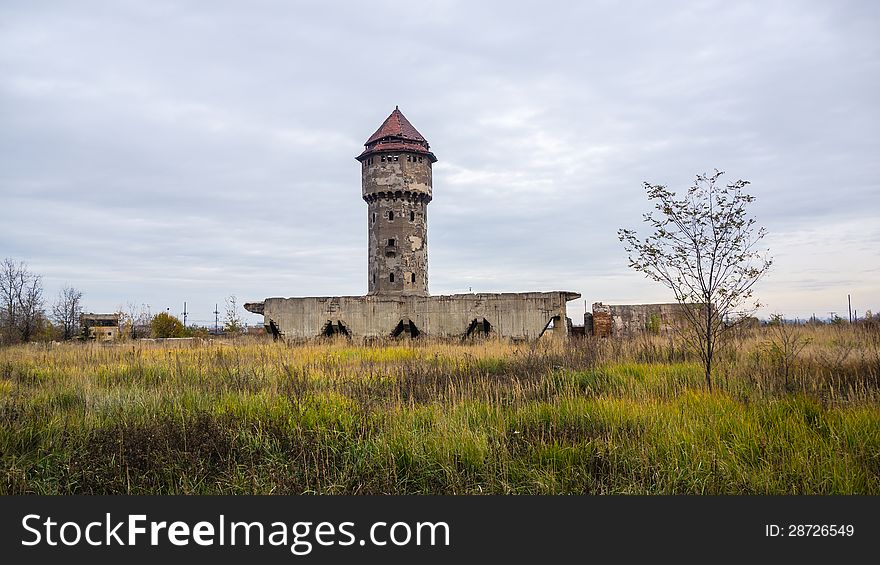 Water tower in former, devastated Uthemann Ironwork in Katowice, Silesia region, Poland.