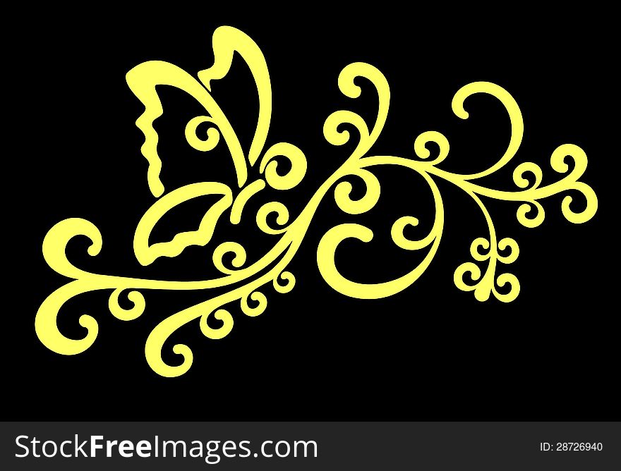 Abstract yellow butterfly designs with swirled branch  on black background. Abstract yellow butterfly designs with swirled branch  on black background