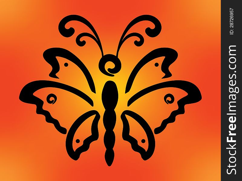 Abstract black butterfly designsorange background. Abstract black butterfly designsorange background