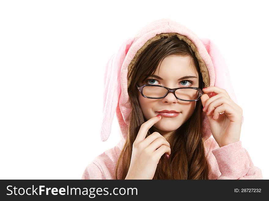 Portrait of teenage girl wearing glasses, smiling benevolently. Portrait of teenage girl wearing glasses, smiling benevolently